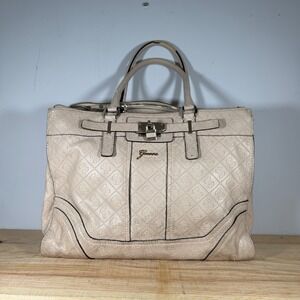 Guess Satchel Handbag Womens Large Cream Embossed Logo Lock Detail Tote Bag